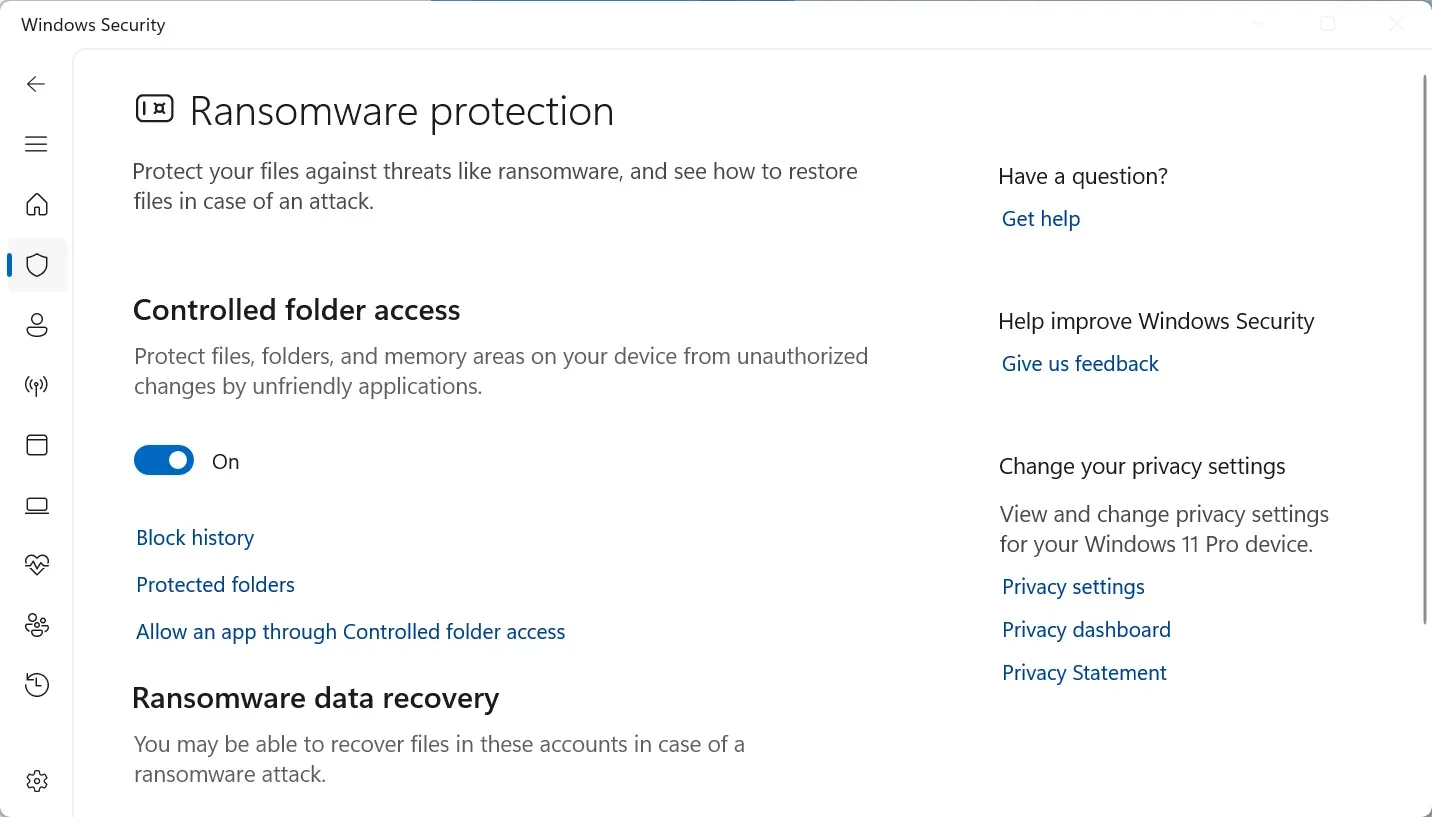 Windows Security Ransomware protection settings with Controlled folder access enabled
